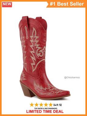 Women's Western Cowboy Boots Faux Leather Pointed Toe Mid Calf Chunky Heel
